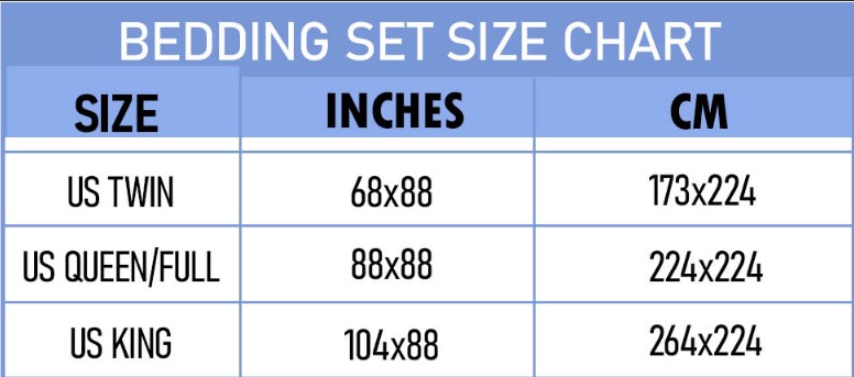 Bedding set size chart
