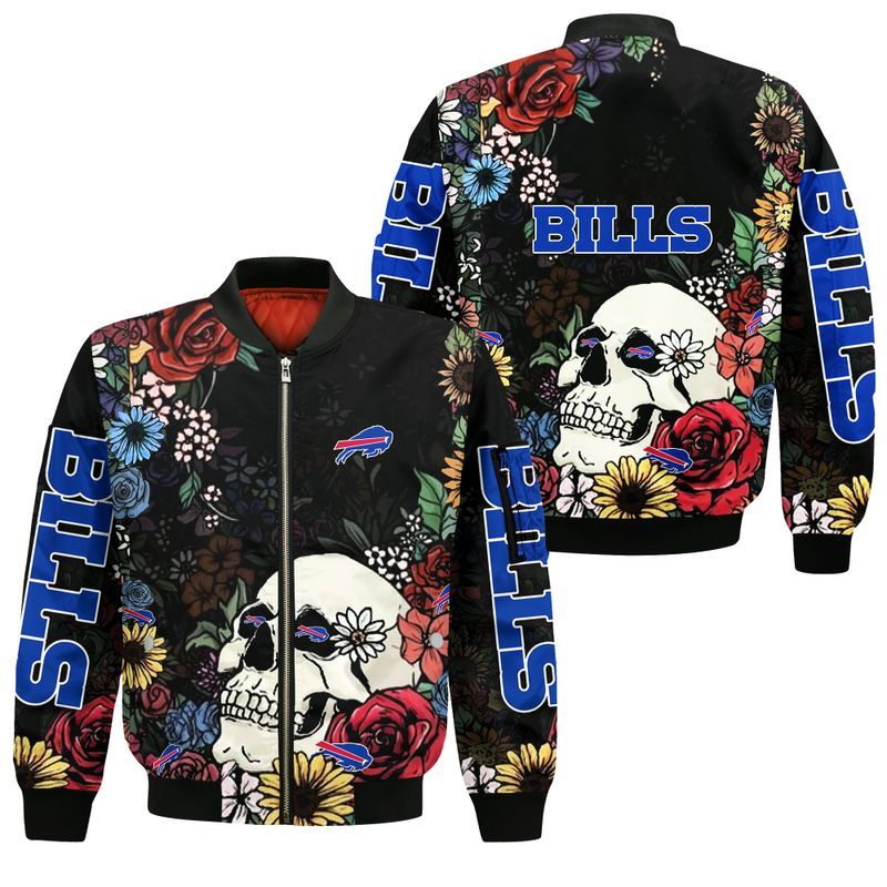 Buffalo Bills Skull And Flowers All Over Print Bomber Jacket