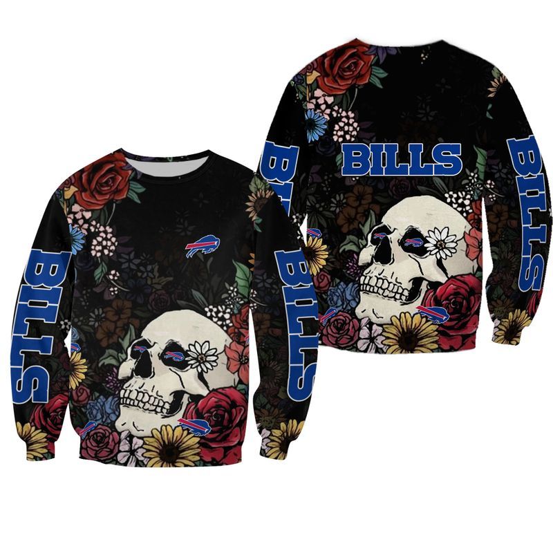 Buffalo Bills Skull And Flowers All Over Print Sweatshirt