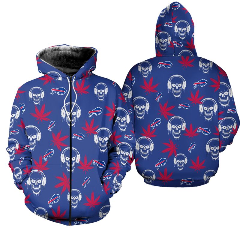 Buffalo Bills Skull and Weed Leaves Zip Hoodie