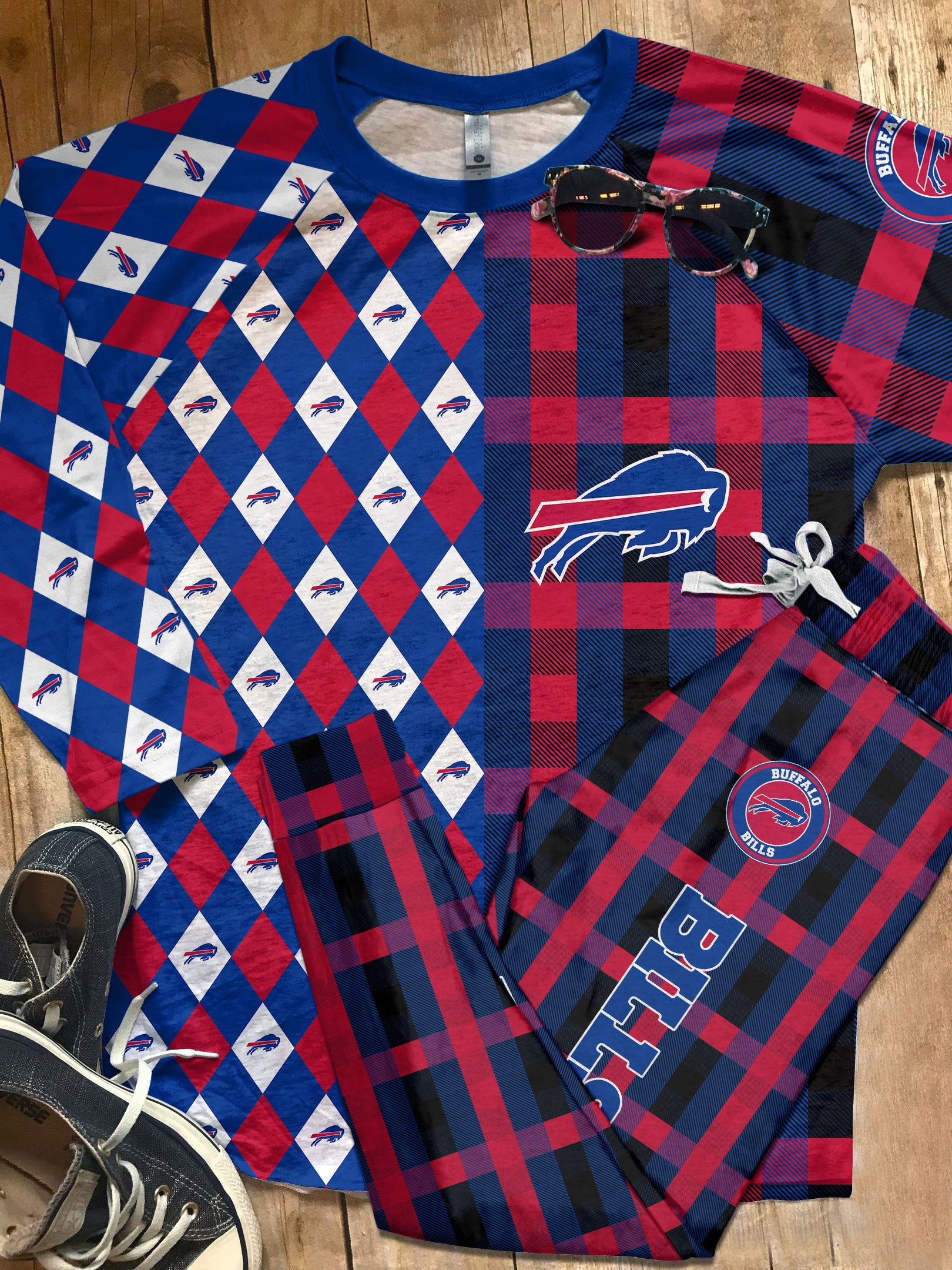 Buffalo Bills Plaid Argyle Lounge Pajamas Set on floor