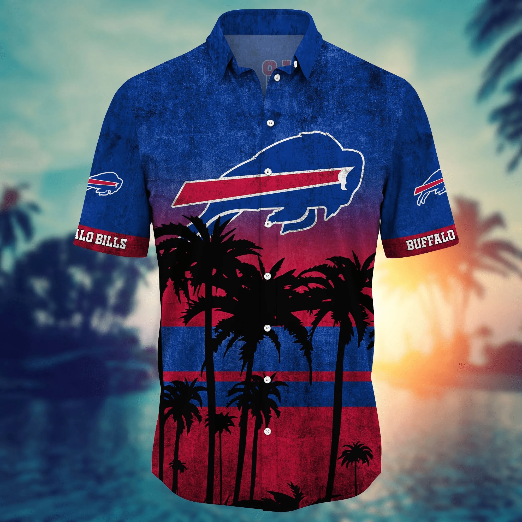 Buffalo Bills Tropical Sunset Palms Hawaiian Shirt front