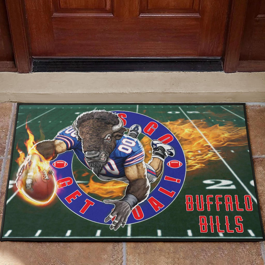 Buffalo Bills Head Holding Flaming Rugby Doormat