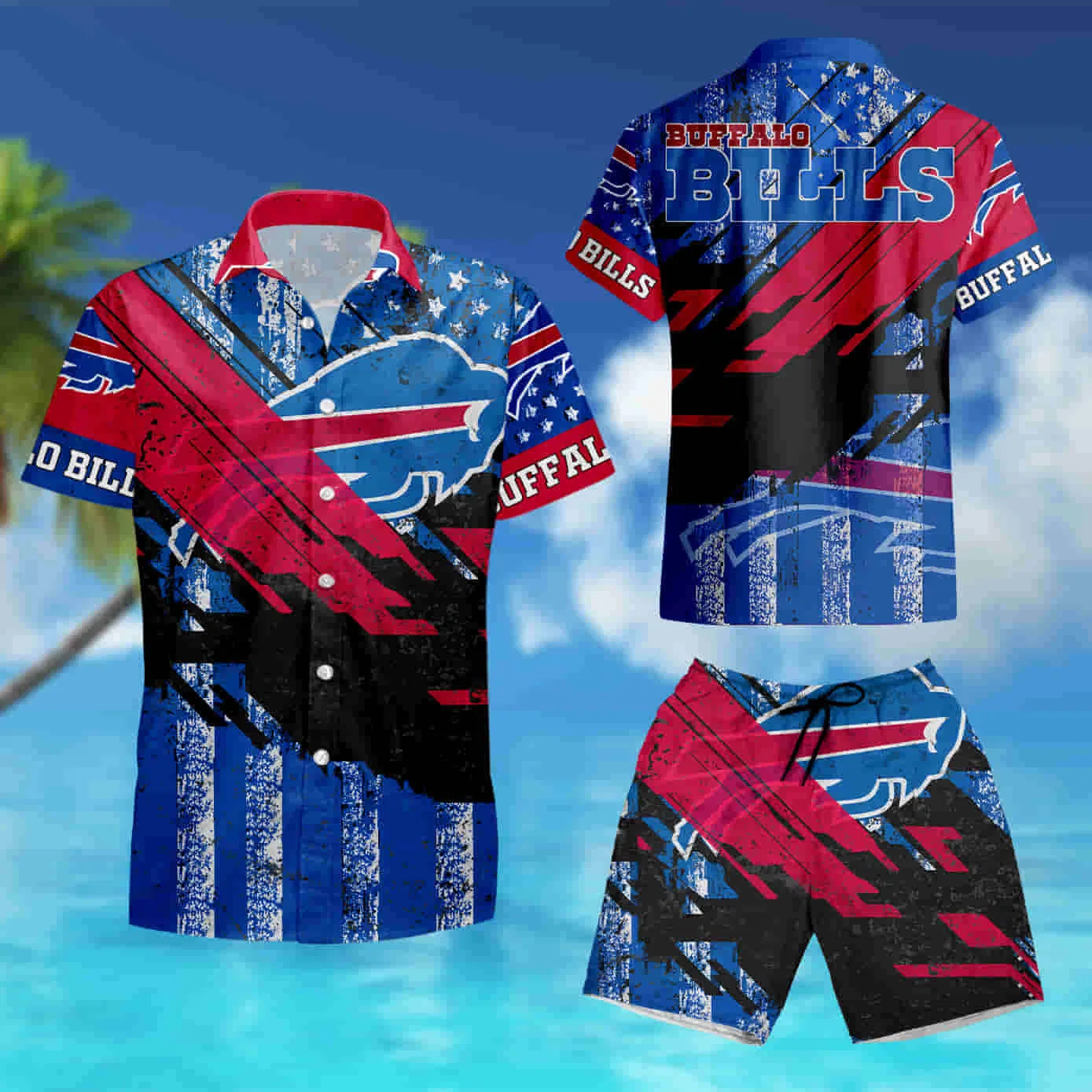 Buffalo Bills Patriot Wave Grunge Hawaiian Shirt set