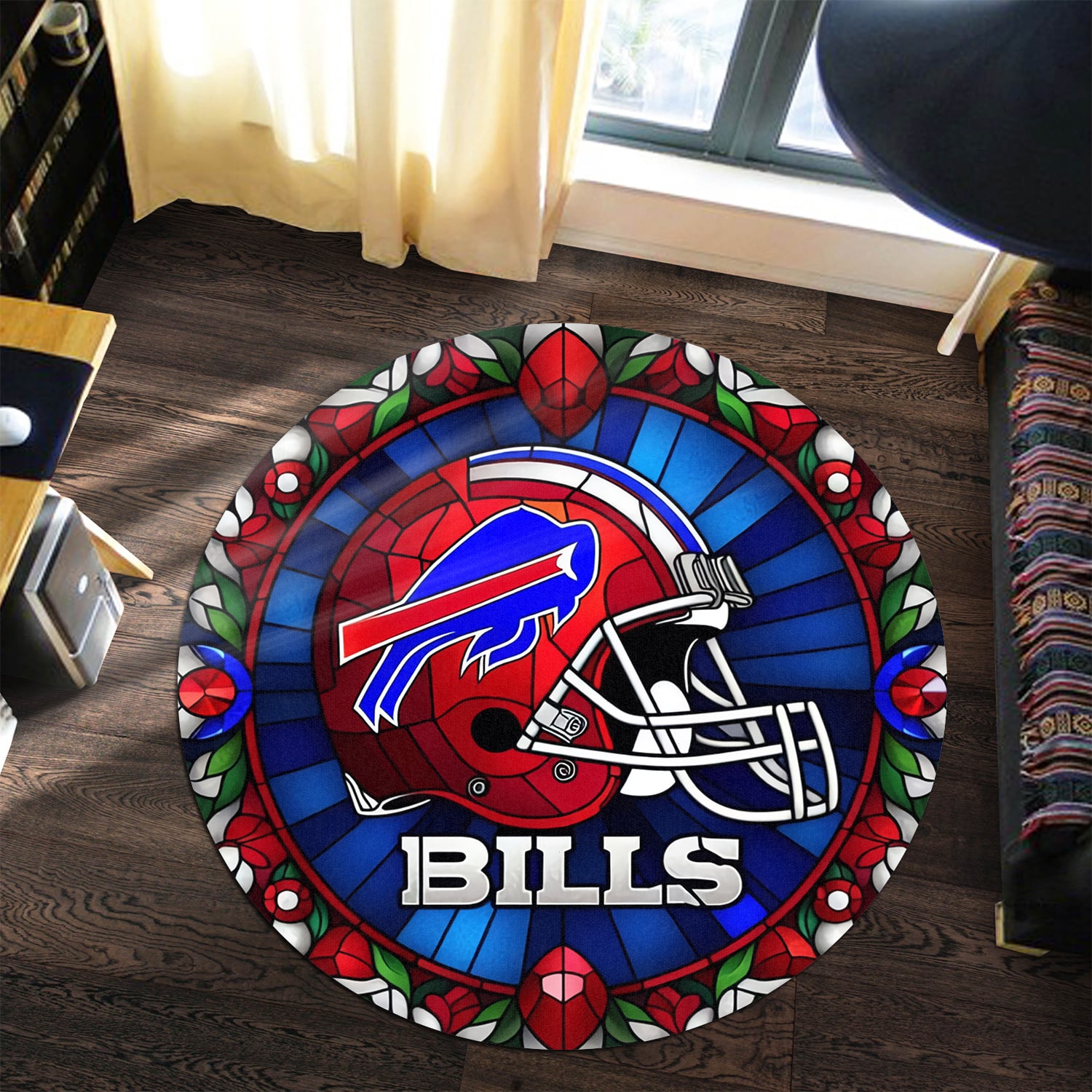 Buffalo Bills Stained Glass Helmet Round Rug