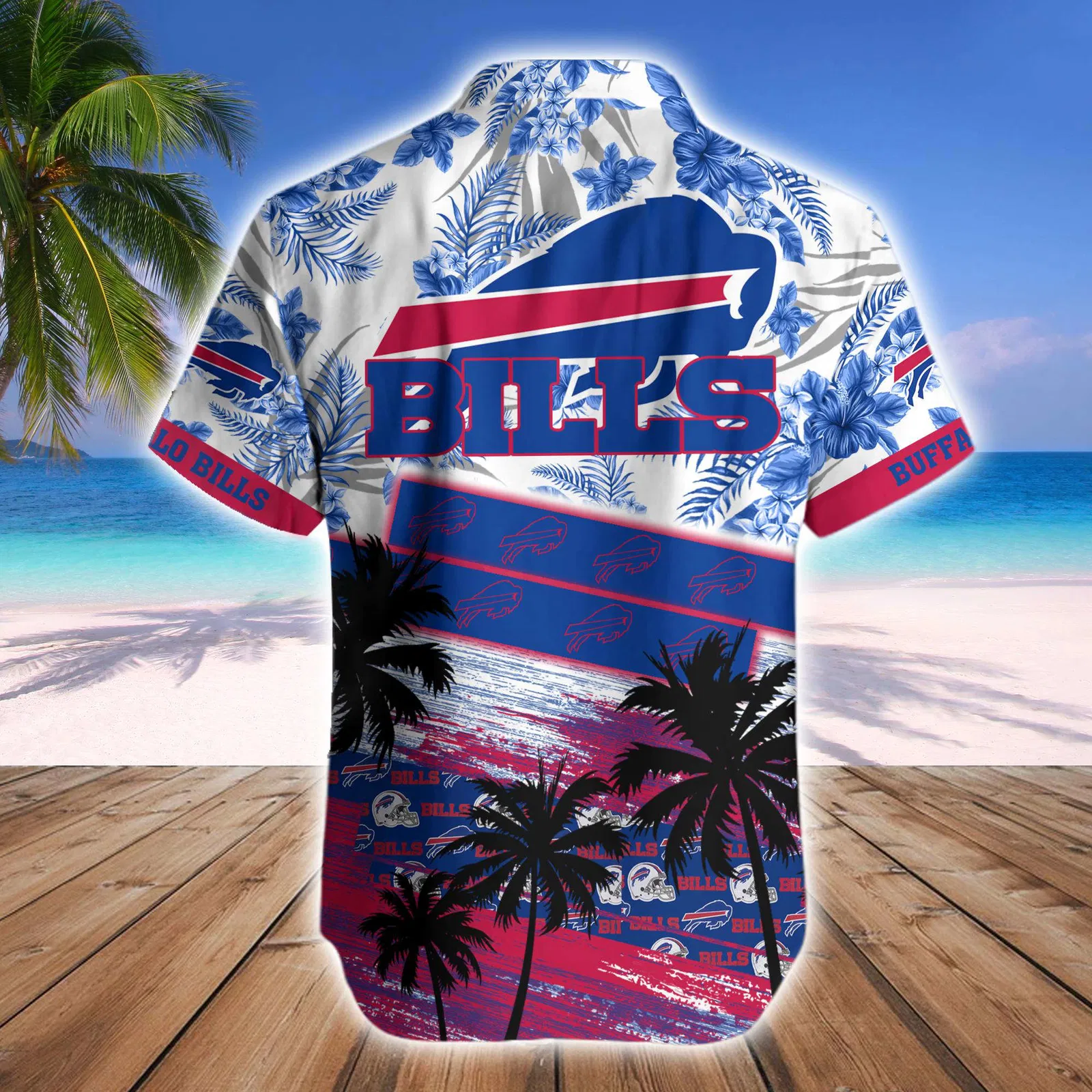 Buffalo Bills Sunset Shoreline Floral Hawaiian Shirt back