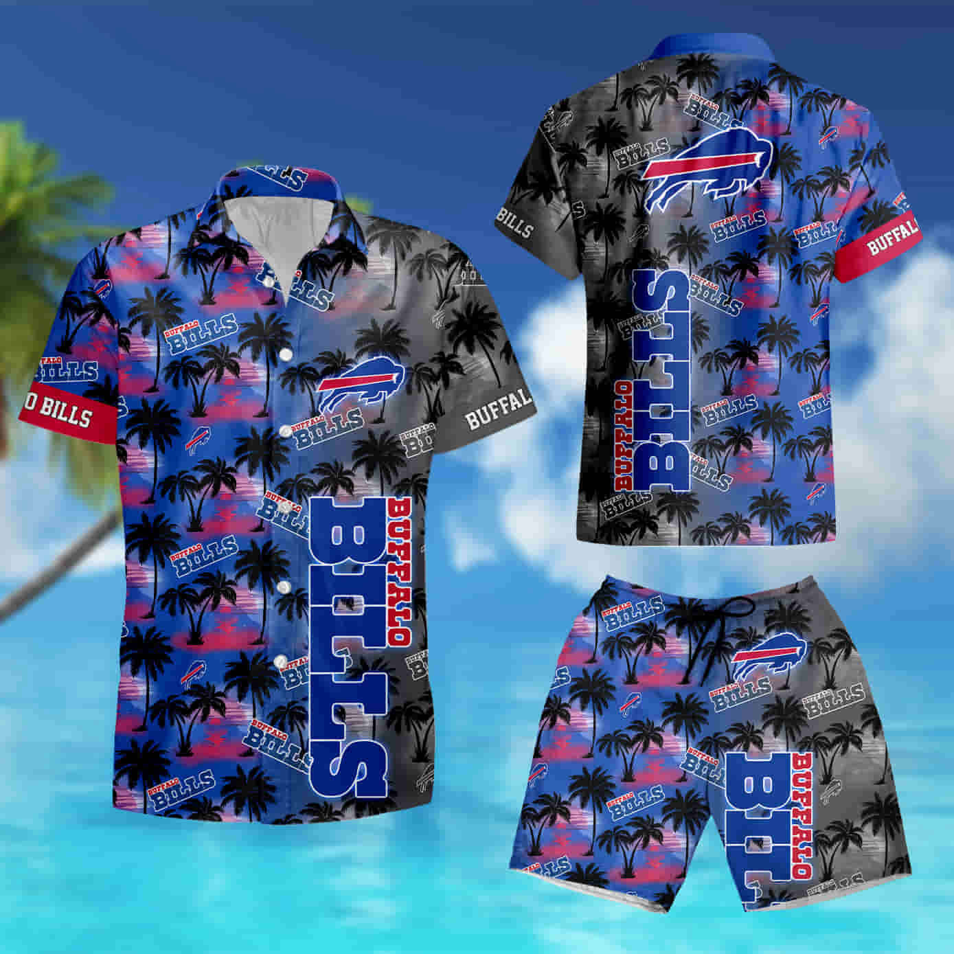 Buffalo Bills Twilight Palm City Hawaiian Shirt set