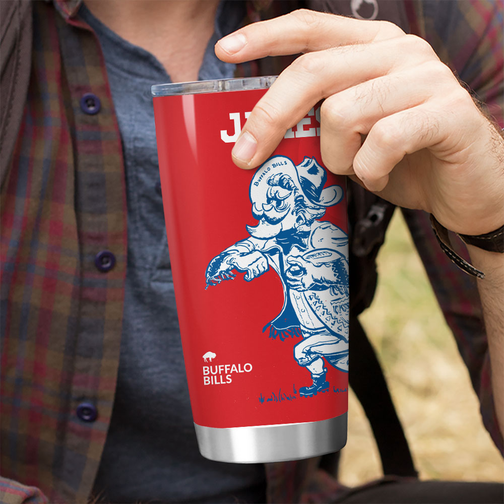 Buffalo Bills Vintage Mascot Hey-Ey Red Tumbler with hand