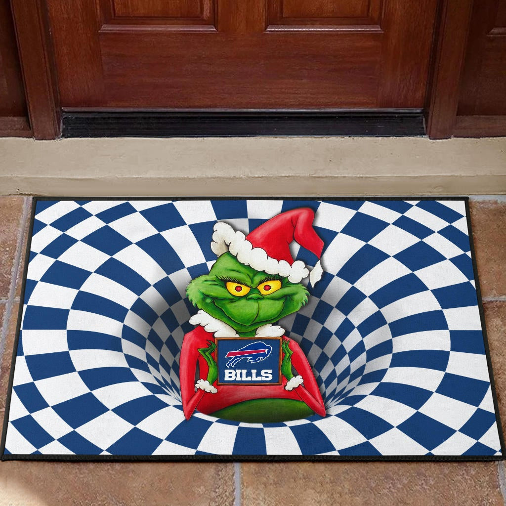 Grinch Wearing Santa Clothes Holding Buffalo Bills Doormat