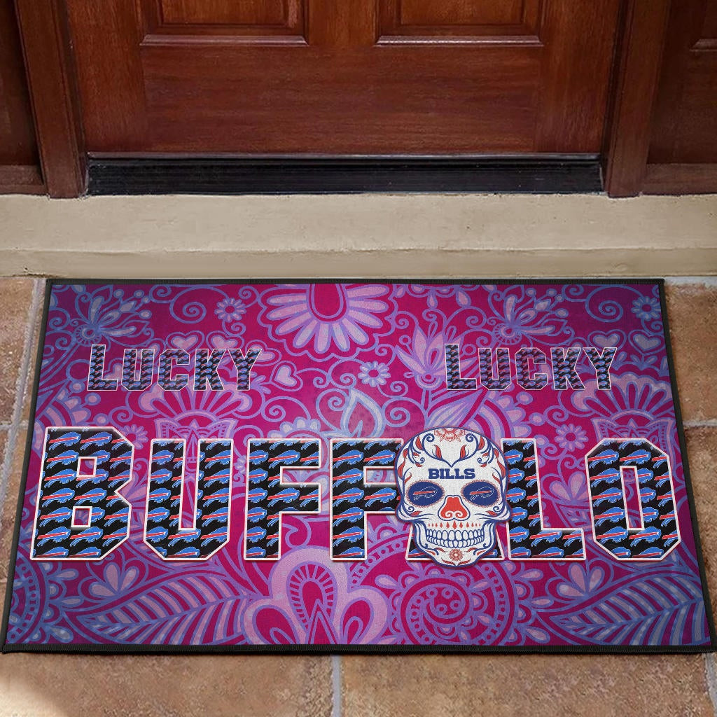 Lucky Buffalo With Tattooed Skull Floral Doormat