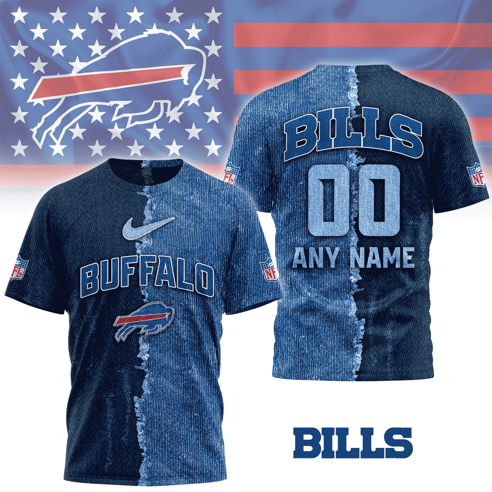 Buffalo Bills Denim Gridiron Spirit Custom Name Number Shirt