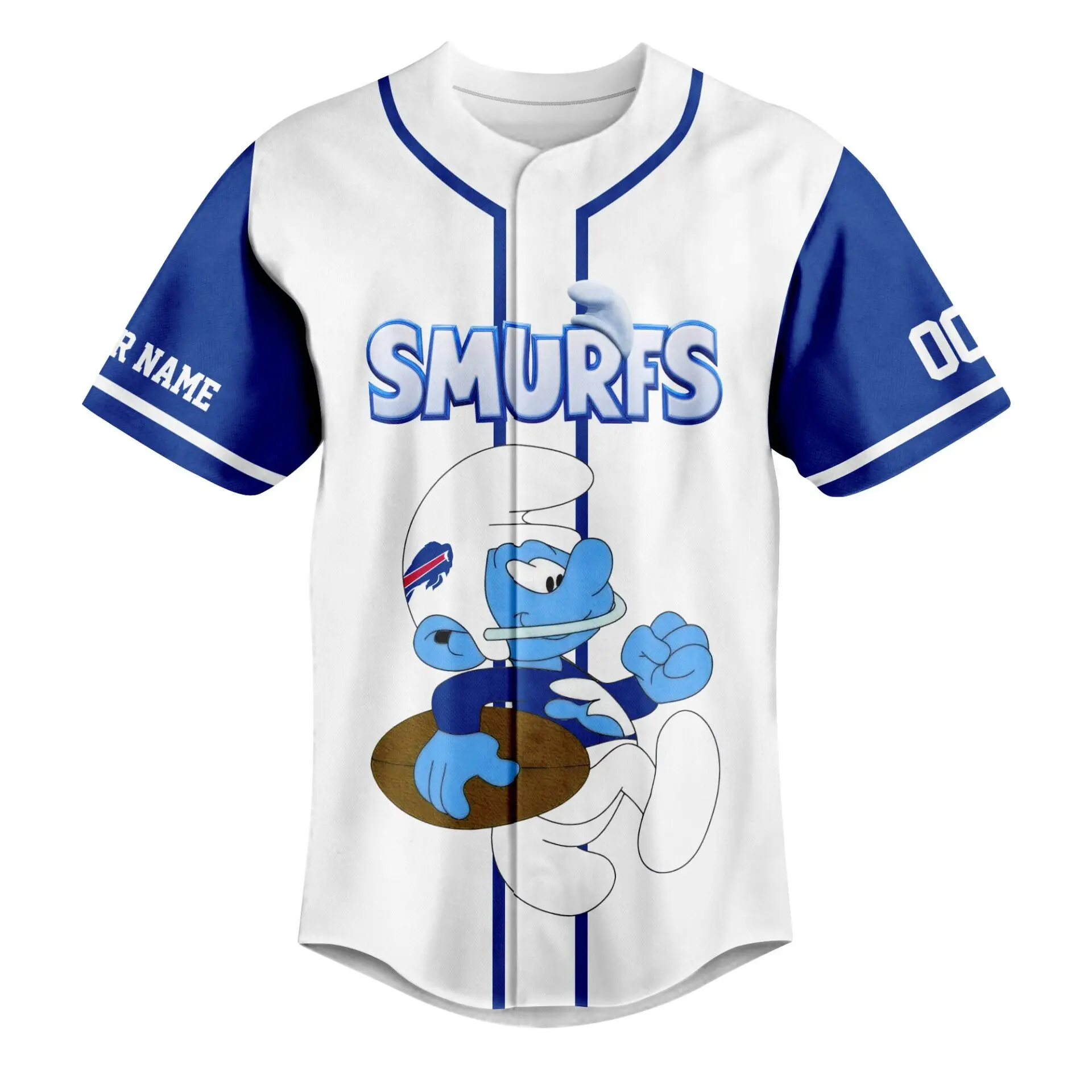 Buffalo Bills Smurfs Touchdown Baseball Jersey front