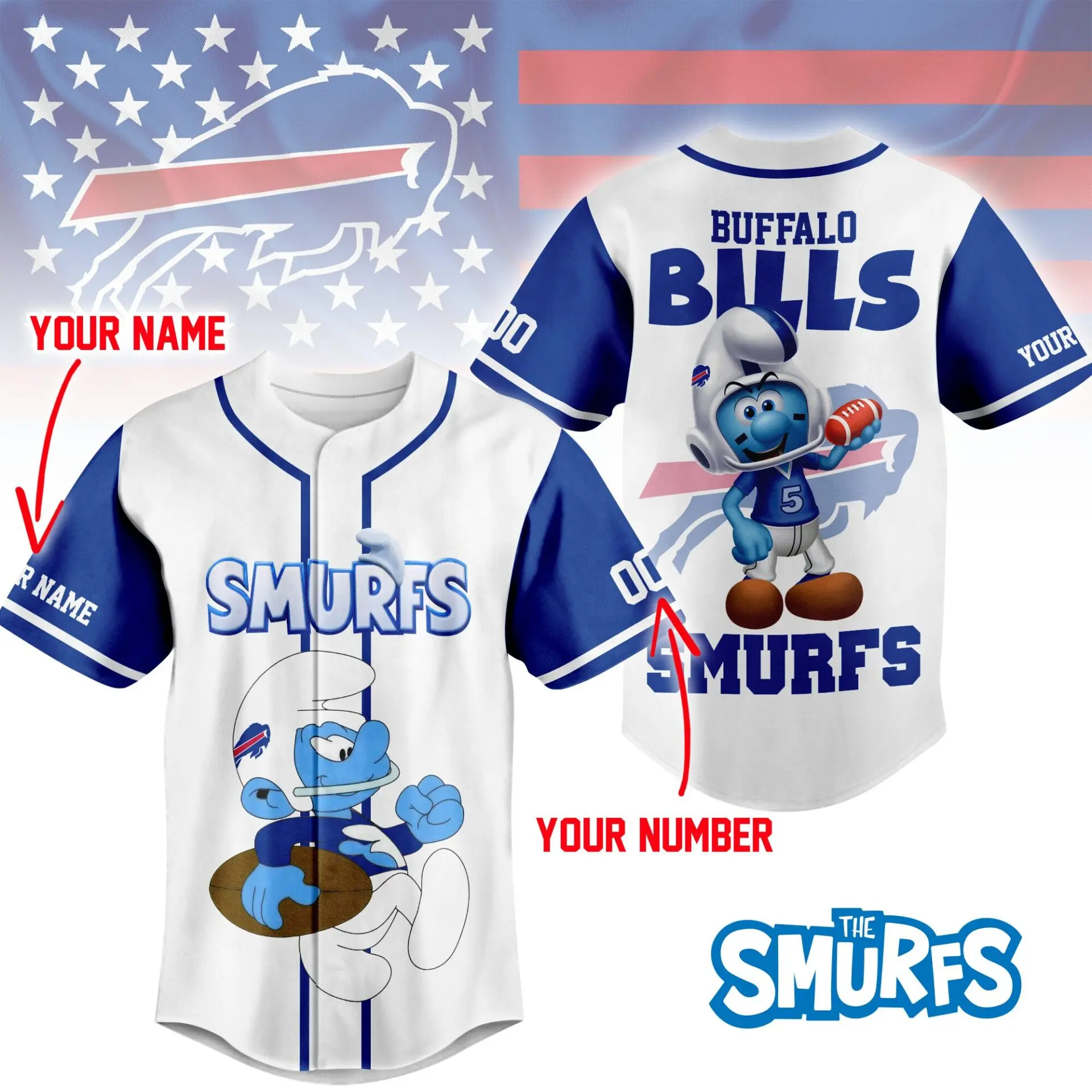 Buffalo Bills Smurfs Touchdown Baseball Jersey